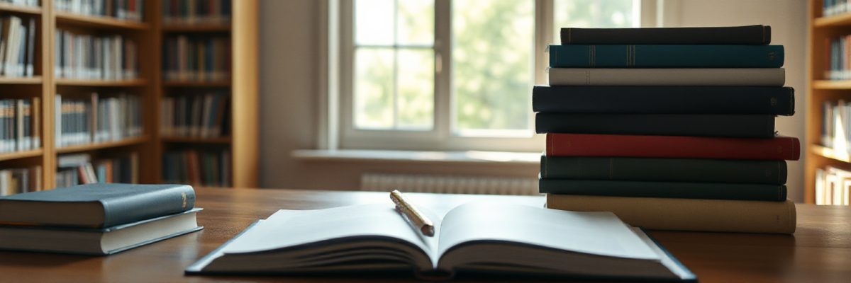 Textbooks and notebook on a library table